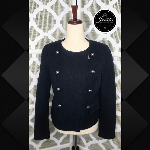 Talbots Black Textured Military Style Full Moto Zip Jacket Blazer Size 6 - Picture 1 of 13